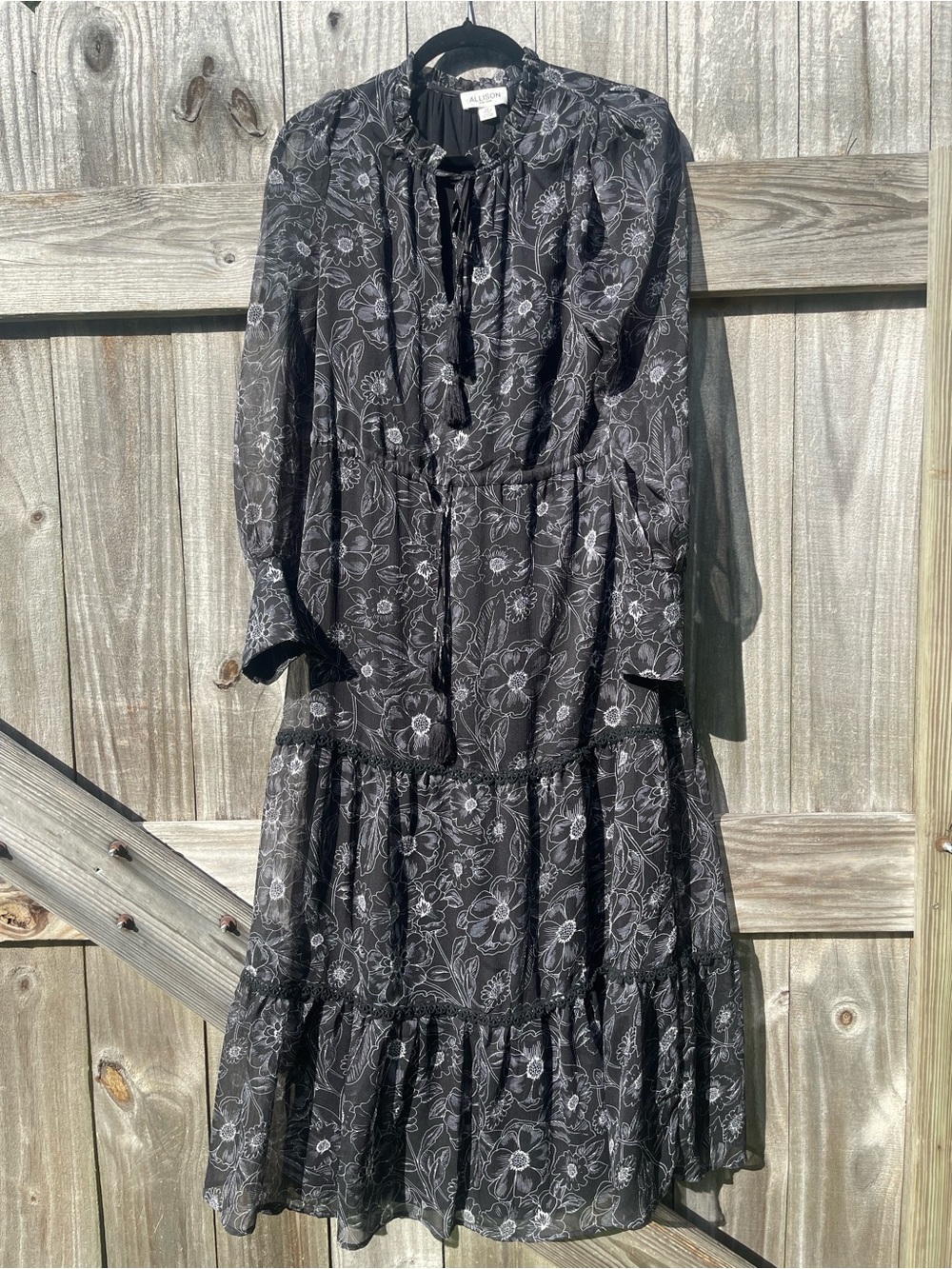 Allison New York Black Floral Midi Dress with Tie Neck Sz S